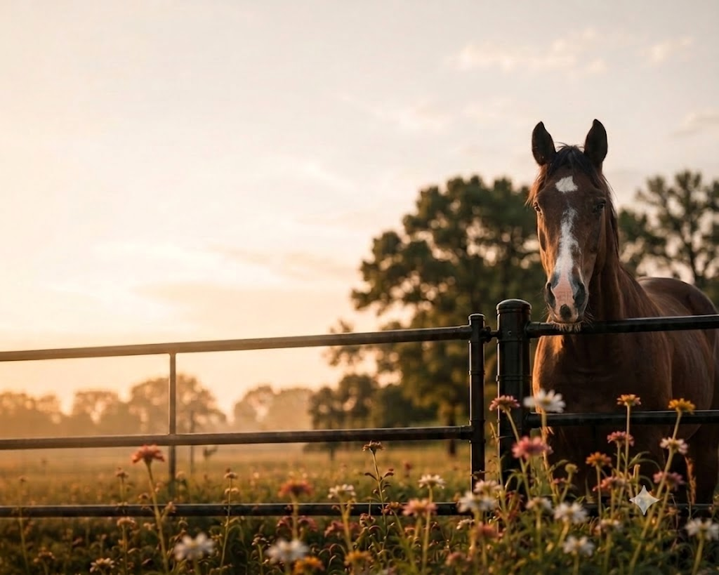 Mighty, a bay horse with a white blaze, looking over the black pipe gate at golden hour, wildflowers in front